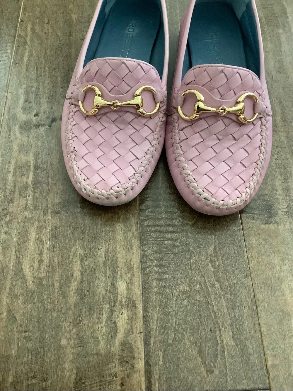 Women's Pink Woven Leather Loafers with Gold Bit Accent